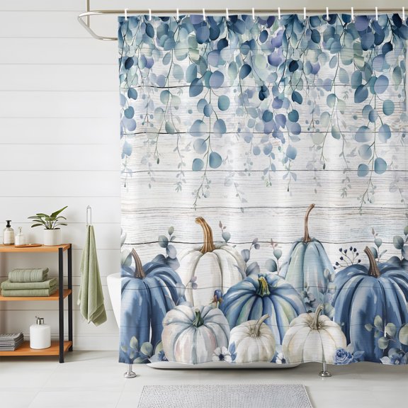 Shower Curtains for Bathroom, Blue Gray Pumpkins Fall Waterproof Fabric Shower Curtain, Thanksgiving Eucalyptus Leaves Decorative Bathroom Curtain for Bathtub, 36"x72", No Hooks Included