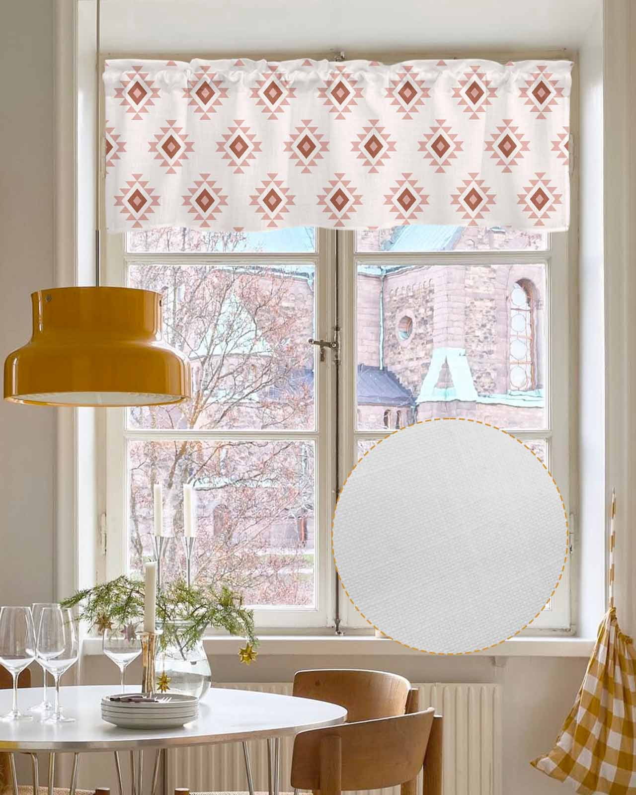 White Boho Geometric Kitchen Valances for Windows Farmhouse Linen Window Valance Curtain for Living Room Window Treatment Modern Simple Aztec Ethnic Pattern Valance Rod Pocket Topper, 42 x 18 Inch