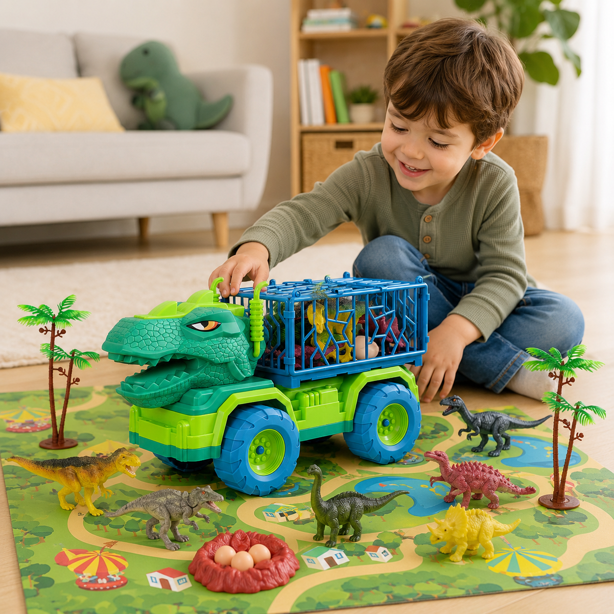 Lucky Doug Dinosaur Truck Toys for Boys Age 3-6,  Tyrannsaurus Truck Toy with Dino Figures, Large Activity Play Mat, Dinosaur Eggs, Dinosaur Transporter Play Set for Kid Boys Age 3-6-8