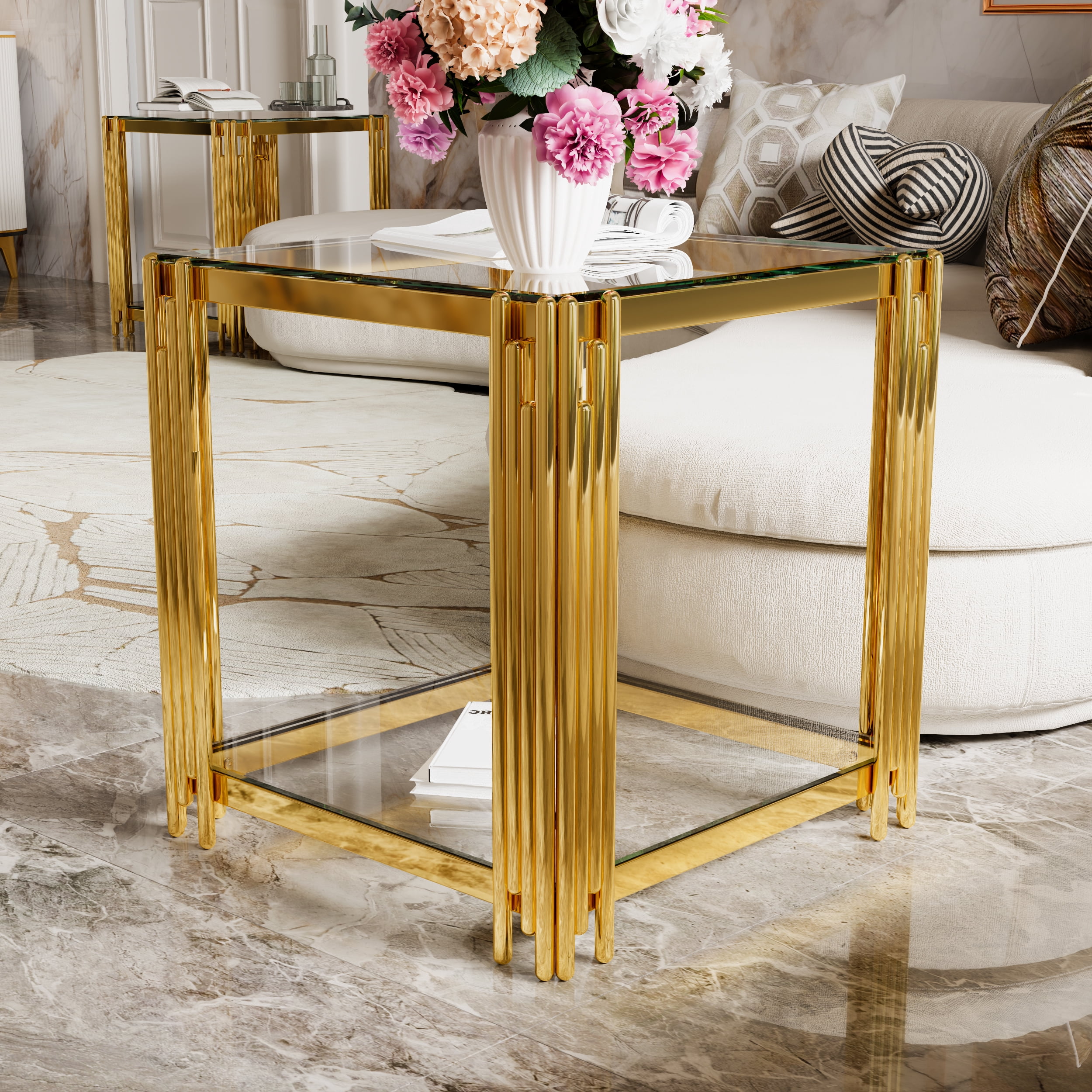 Euroco Modern Transparent Glass End Table for Living Room, Square,Asymmetrical Metal, Gold Finish & Lower Shelf, 19.9"