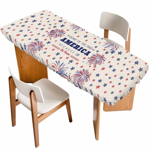 Independence Day Table Cloths for 8 Foot Rectangle Tables, Blue Red Star Fireworks American Flag Patio Waterproof Elastic Fitted Tablecloths, Washable Rectangular Table Cover for Camping