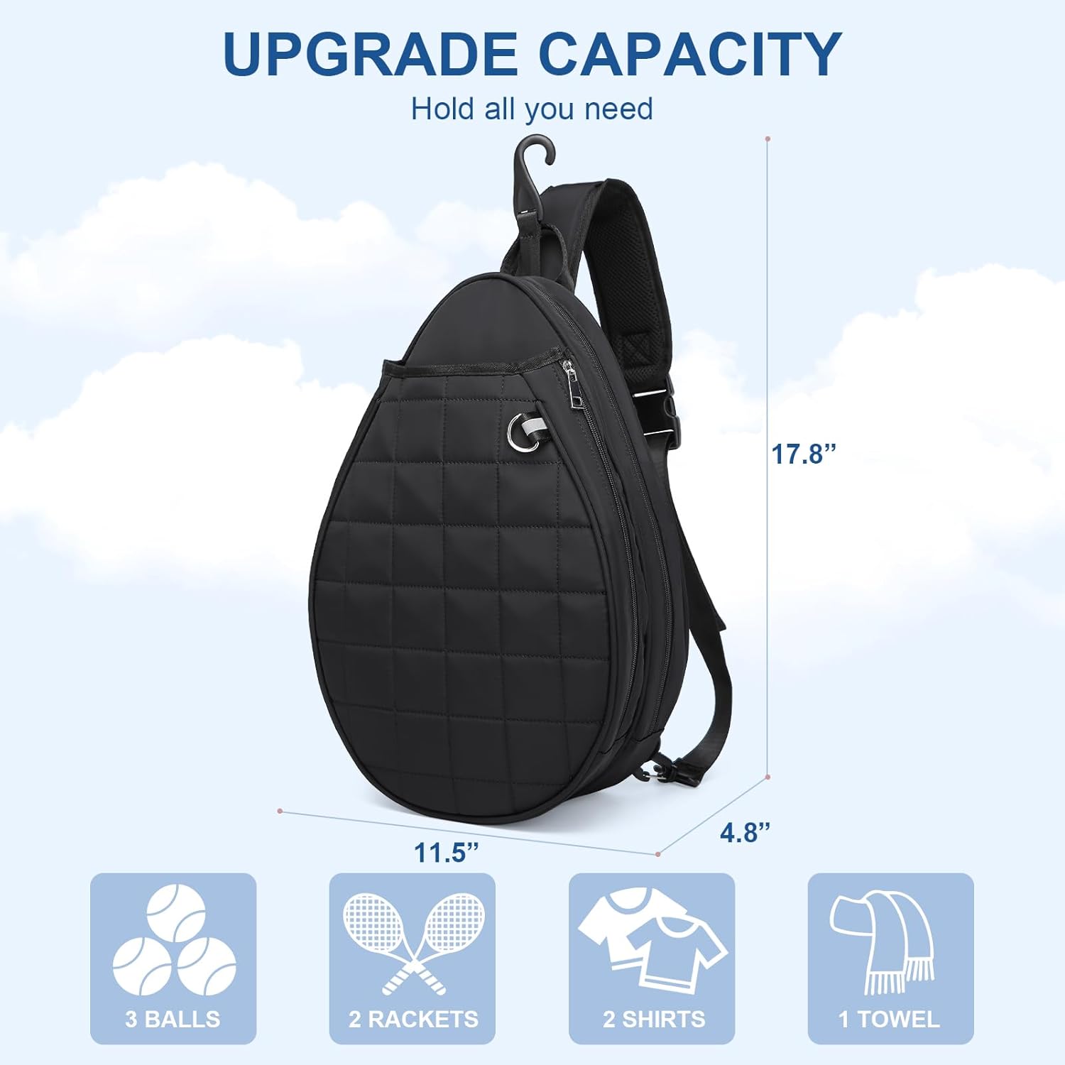 Quilted Tennis Backpack for 2 Rackets, Sleek Waterproof Sling Bag with Security Pocket for Tennis, Pickleball & Padel, Crossbody Sport Bag for Men & Women