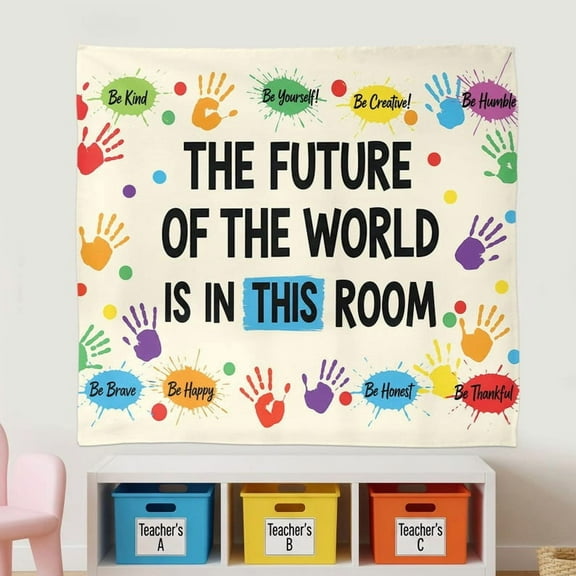 ViciArt Future of the World Classroom Tapestry – 30"x40" Polyester Motivational Teacher Wall Hanging with Colorful Handprints