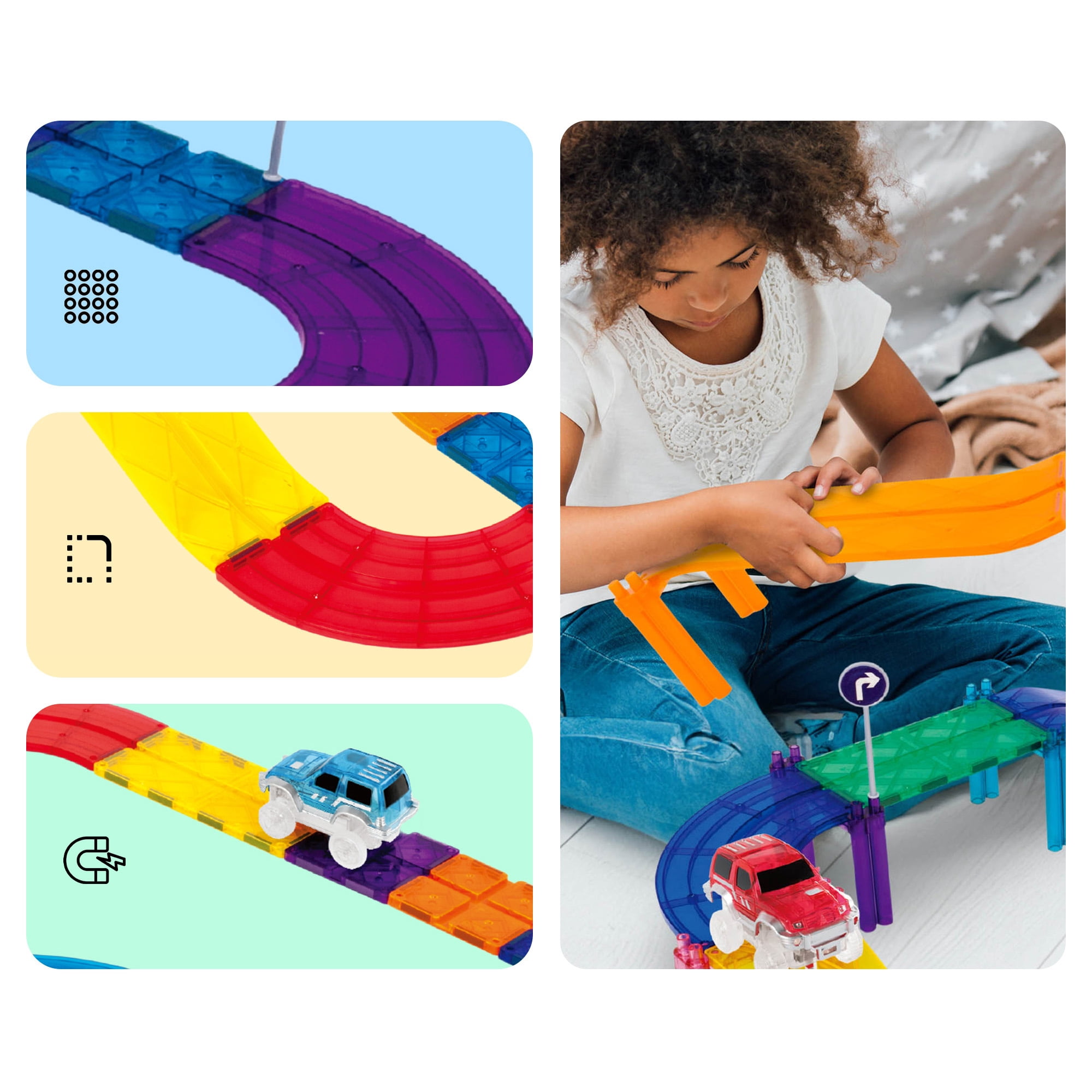 PicassoTiles Race Track Magnetic Tiles for Kids with 2 Racing Cars – 80PCS STEM Construction Building Blocks Educational Toy Set