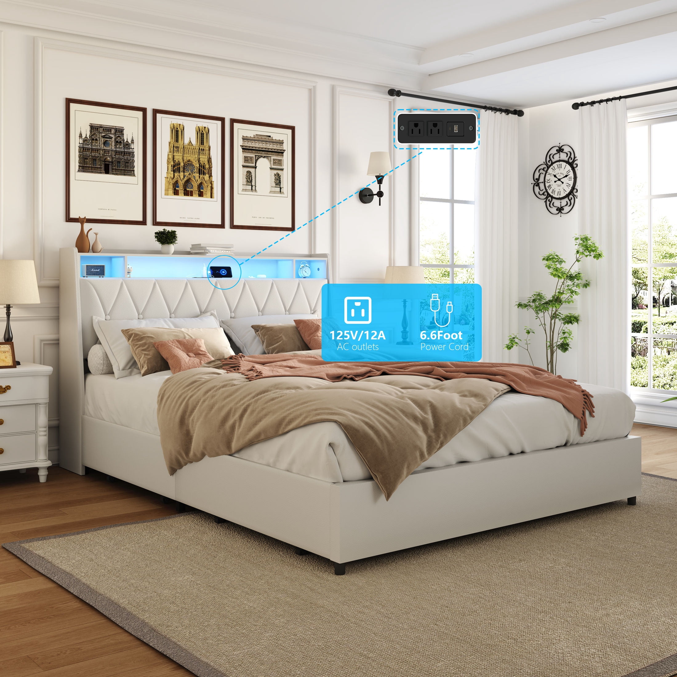 Noble House Lexair Queen Platform Bed Frame with Ergonomic Headboard, Outlets, LED Light & Storage Shelf, White