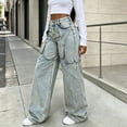 thumbnail image 5 of Women's Wide Leg Denim Jeans, High‑rise Button‑Zip Fly, Pocket Strap Accent, Panel‑Seam Craft, Oversized Baggy Fit, Acid‑wash Denim Street‑wear Daily Outfits, Womens Baggy Jeans Light Blue XXXXL, 5 of 9