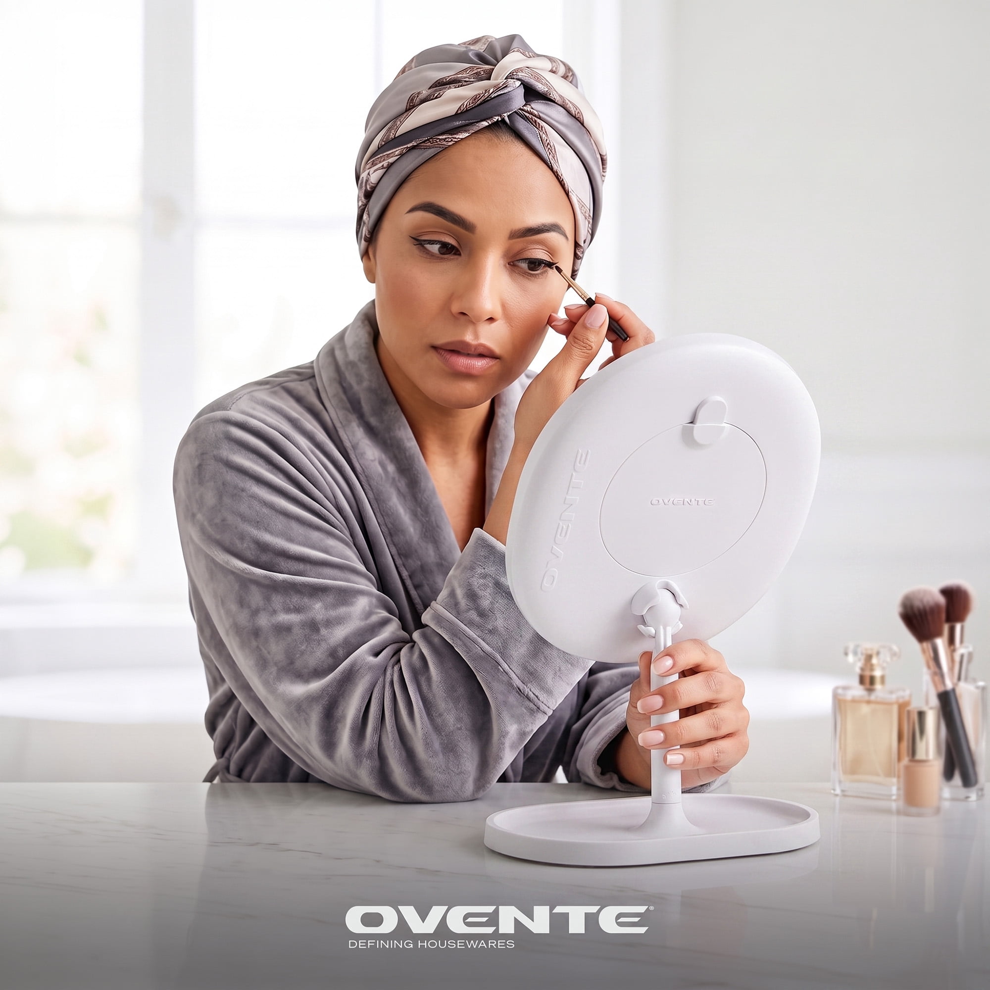 OVENTE 9" Rechargeable Lighted Tabletop Makeup Mirror with Mini Magnetic 10X Magnifying Mirror, Touch Screen Dimmable LED Lights, Portable Vanity Mirror Perfect for Bathroom or Travel, White MOT22W