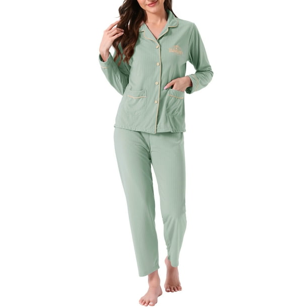 CONJUNTO DE LOUNGE CHIC INSPIRE para Mujeres, Botones de Algodón, Manga Larga, Pantalones con Patrón Acanalado y Bolsillo, Pijamas, Ropa de Casa, S Verde