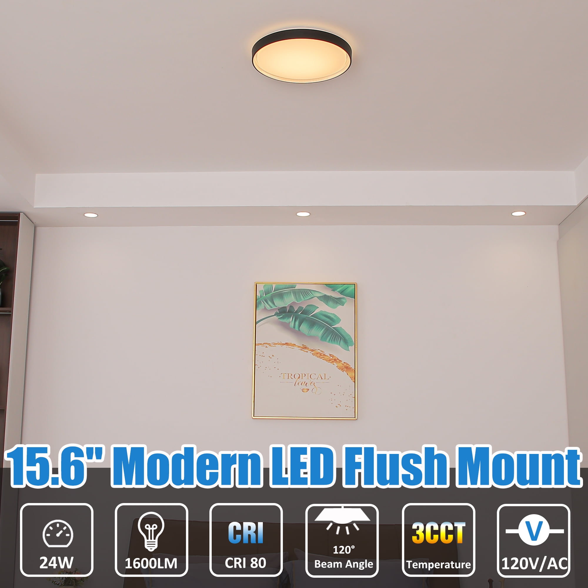 MingBright Flush Mount LED Ceiling Light Fixture, 15.6 inch 24W 1600 Lumens Ceiling Lamp, 3000K/4000K/5000K 3 Color Temperature , cETL Certified for Kitchen, Hallway, Bedroom, Laundry