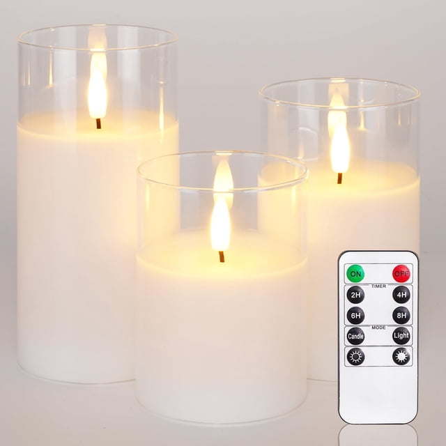 Flameless Candles Homemory, vidrio transparente, cera blanca, juego de 3