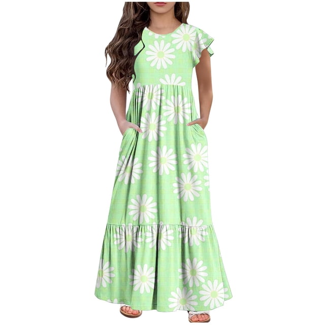 Yanlir Robe d'Été à Volants pour Filles 4-14 Ans, Robes Trapèze pour Enfants Sans Manches à Col Rond, Robe Soleil pour des Tenues Confortables et Stylées (Vert#4, 8 Ans)