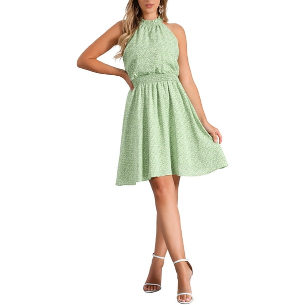 Vestido Floral Sin Mangas con Cuello Halter y Cintura Fruncida para Mujeres Chic S Verde Claro