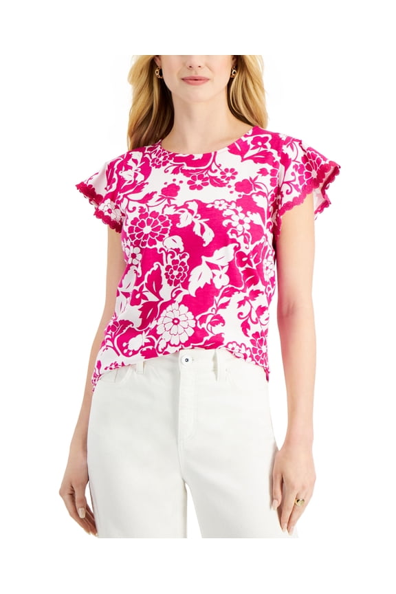 Petite Crochet Trim Flounce Sleeve Top Pink Tutu Combo PXS