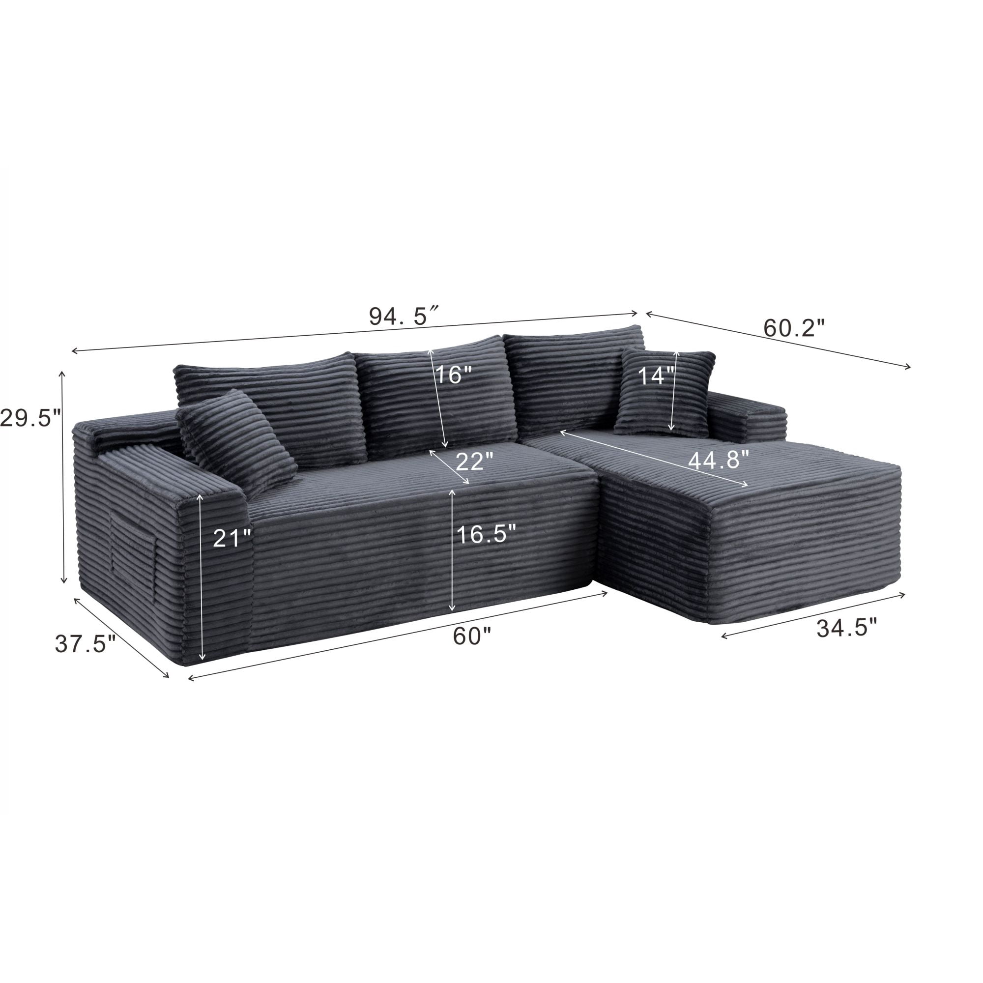 Leumius 94.5 Inch Modular Sectional Couches for Living Room,Modern Upholstered Deep Seat Cloud Couch,Corduroy L-Shape Sofas Couches,No Assembly Required,Gray-Right Facing Chaise
