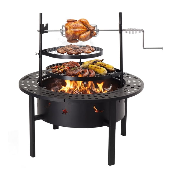 33 Inch Outdoor Wood Burning Fire Pit with 2 Tier Cooking Grills & Rotisserie, Iron Multi-Function Firepit Grill for Backyard Patio Bonfire Picnic