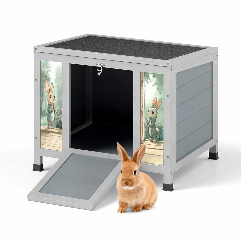 Yardi Yarda Small Wooden Rabbit Hutch with Lockable Door & Weatherproof Roof, Bunny Cage Pet House with Openable Top for Rabbits, Guinea Pigs Cats Chicks, Gray