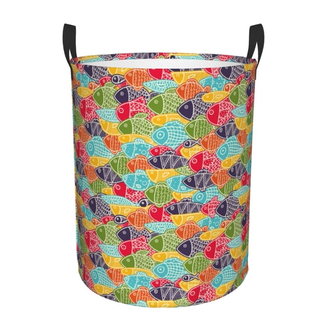 Balery Colorful Fish 2 Cesta de ropa redonda con asas, impermeable, independiente, para ropa, juguetes, dormitorio y familia-Small