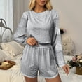 thumbnail image 6 of ROHUUQUE Pajama Sets for Women 2 Piece Solid Long Sleeve Tops Hollow Out Elastic Waist Shorts Pjs Outfits, 6 of 9