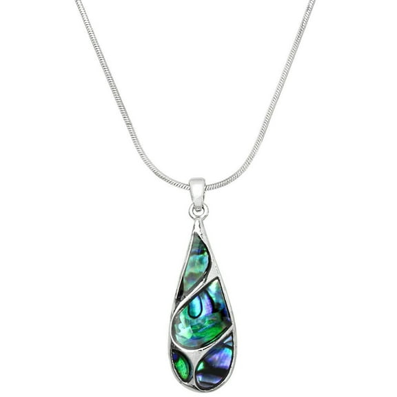 Tear Drop Abalone Shell Pendant Necklace or Earring Rhodium Plated 17 Inch Snake Chain J0434