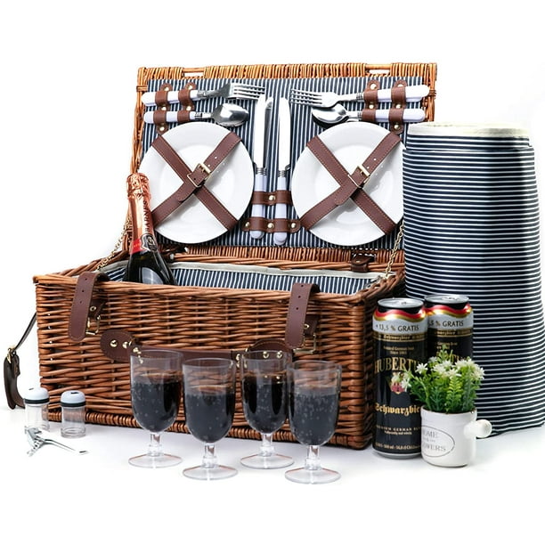 Large Wicker Picnic Basket Set for 4 with Insulated Cooler Compartment