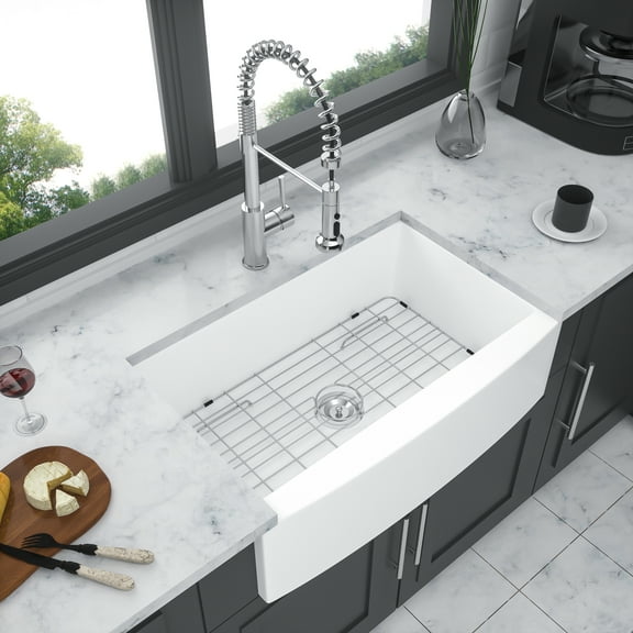 White Farmhouse Sink - 30 x 21 x 10 inch White Kitchen Sink Ceramic Porcelain Arch Edge Apron Front Single Bowl Farm Kitchen Sinks