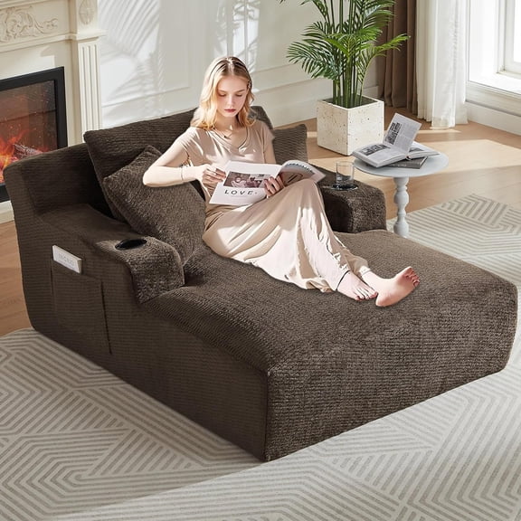 Anwick 66" Oversized Chaise Lounge Chair, Corduroy Boneless Cloud Couch with 2 Cup Holders & Pillows, No Assembly Required, Deep Seat Sleeper Sofa for Indoor Living Room, Bedroom (Brown)