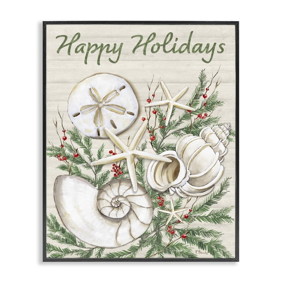 Stupell Industries Holiday Seashells & Holly Holiday Painting Black Framed Art Print Wall Art, 11 x 14