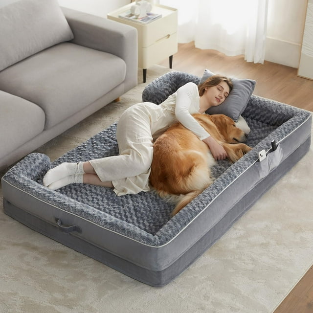 WNPETHOME Cama para perro humano para personas adultas, cama de siesta de piel sintética lavable, ovalada para adultos para personas, cama gigante para perro de tamaño humano calmante para familias de