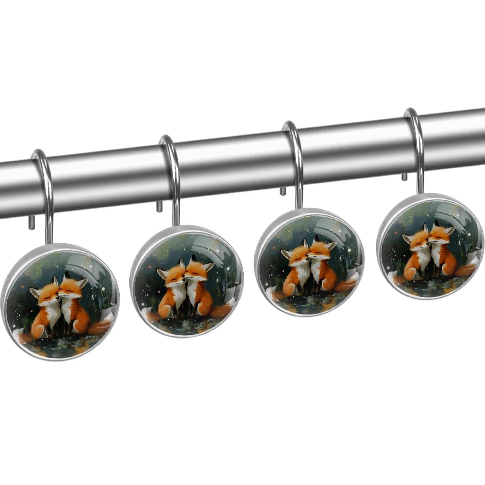 Two Foxes Painting Shower Curtain Hooks Round Crystal Glass, Set of 12 Shower Curtain Rings - Shower Hooks for Curtain Shower Rings