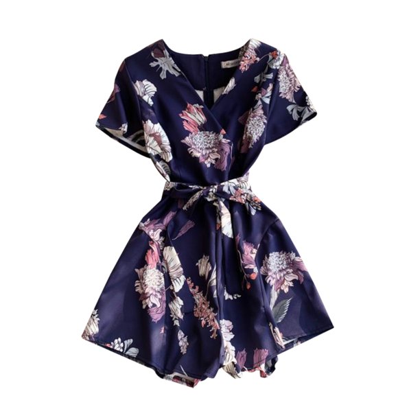 Mono corto para mujer, estampado floral, cuello en V, cintura alta, mameluco informal, pantalones con cordones kenally AP001215-04B
