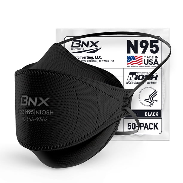 BNX N95 Black Respirator Face Mask, Tri-Fold Cup/Fish Style, 50