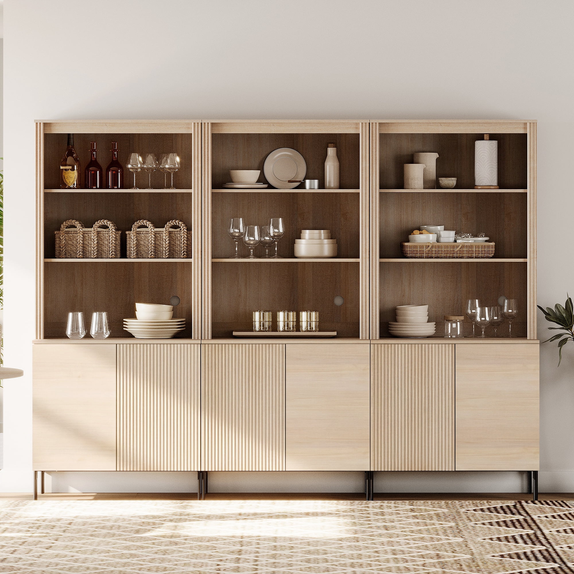 71.6"H X 94.5"W Set Of 3 Bookcase with Storage Cabinets, 15 Tier Bookshelf with Fluted Doors and Adjustable Shelves, Large Modern Display Cabinet For Living Room Bedroom Home Office Kitchen