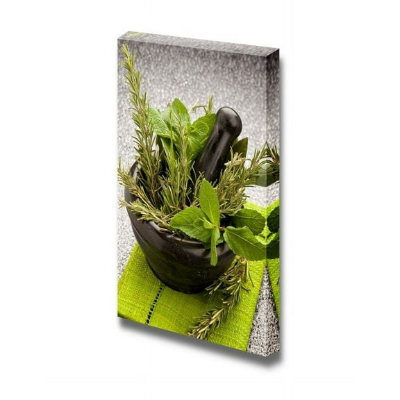 Canvas Prints Wall Art - Still Life Fresh Aromatic Herbs in a Mortar on Glass Table | Modern Wall Decor/Home Decoration Stretched Gallery Canvas Wrap Giclee Print & Ready to Hang - 36" x 24&