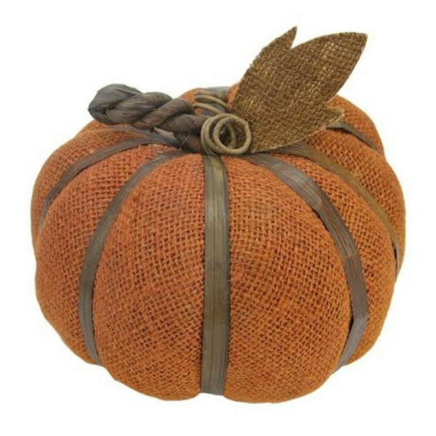 6" Autumn Harvest Rust Orange Burlap Pumpkin with Bamboo Thanksgiving