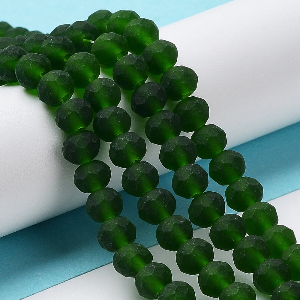 20Strand Transparent Glass Beads Strands Faceted Frosted Rondelle Dark Green 8mm Hole: 1mm about 64~65pcs/strand 40~41cm
