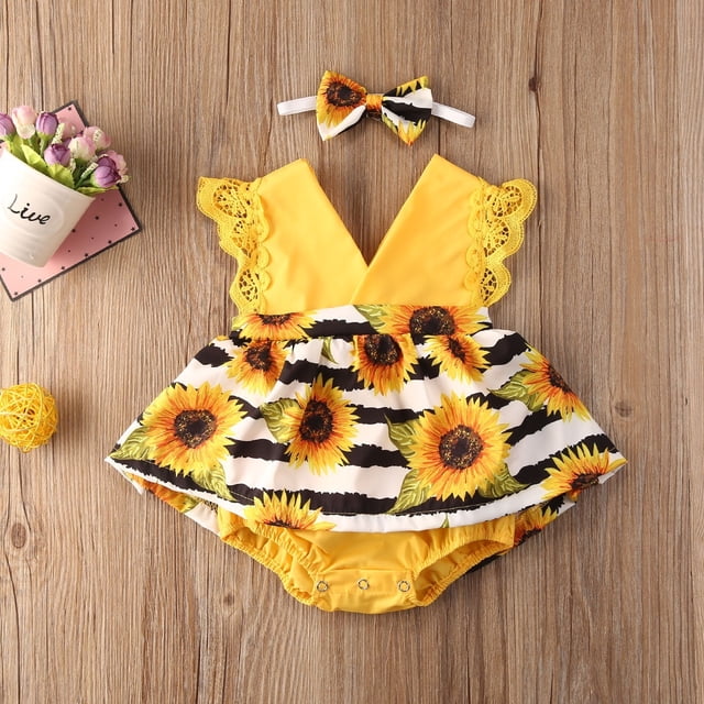 Robe Barboteuse Tournesol pour Bébé Fille, Manches en Dentelle, une-Pièce Justaucorps Combinaison Tenue d'Été avec Bandeau