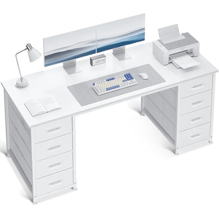 ODK 55 Inch Computer Desk with 8 Fabric Drawers, Modern Office Desk with Large Storage for Home Office, Study, Gaming, White