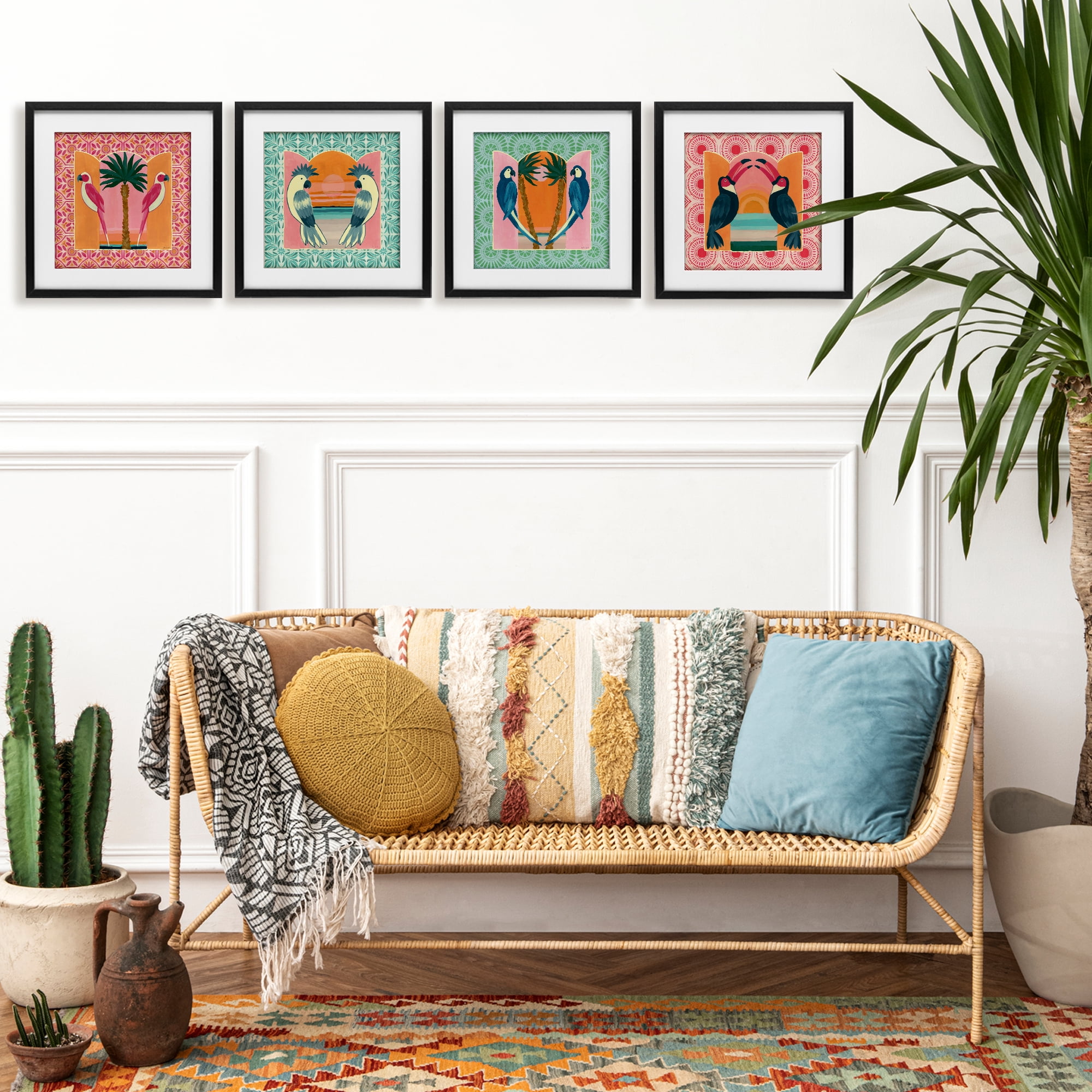 Stupell Industries Patterned Twin Bird Symmetry 4 Piece Black Framed Print Under Glass Set, design by Yvette St. Amant