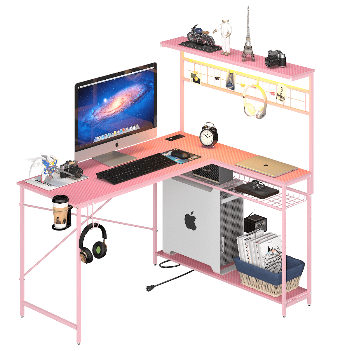 Bestier 51 L Shaped Gaming Desk with Power Outlets, LED Workstation with 4 Tiers Shelves for Home Office, Gamer Reversible Table with Hooks and Cup Holder,Carbon Fiber Pink