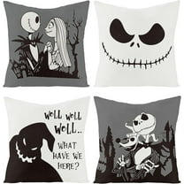 4Pcs Halloween Jack and Sally Christmas Pillow Covers 18x18 Inch Horror Cartoon Skull Throw Pillow Case Decorations Linen Decorative Square Cushion Covers for Home Sofa Couch Bed