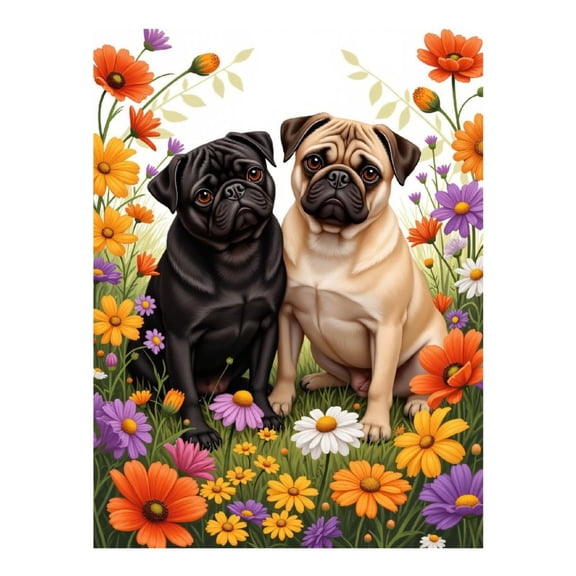 Diamond Art Kits for Adults - 5d Pug Pair Flower Field Diamond Painting for Adults, Diamond Art for Adults Beginners, Diamond Painting Kits for Adults for Home Wall Decor