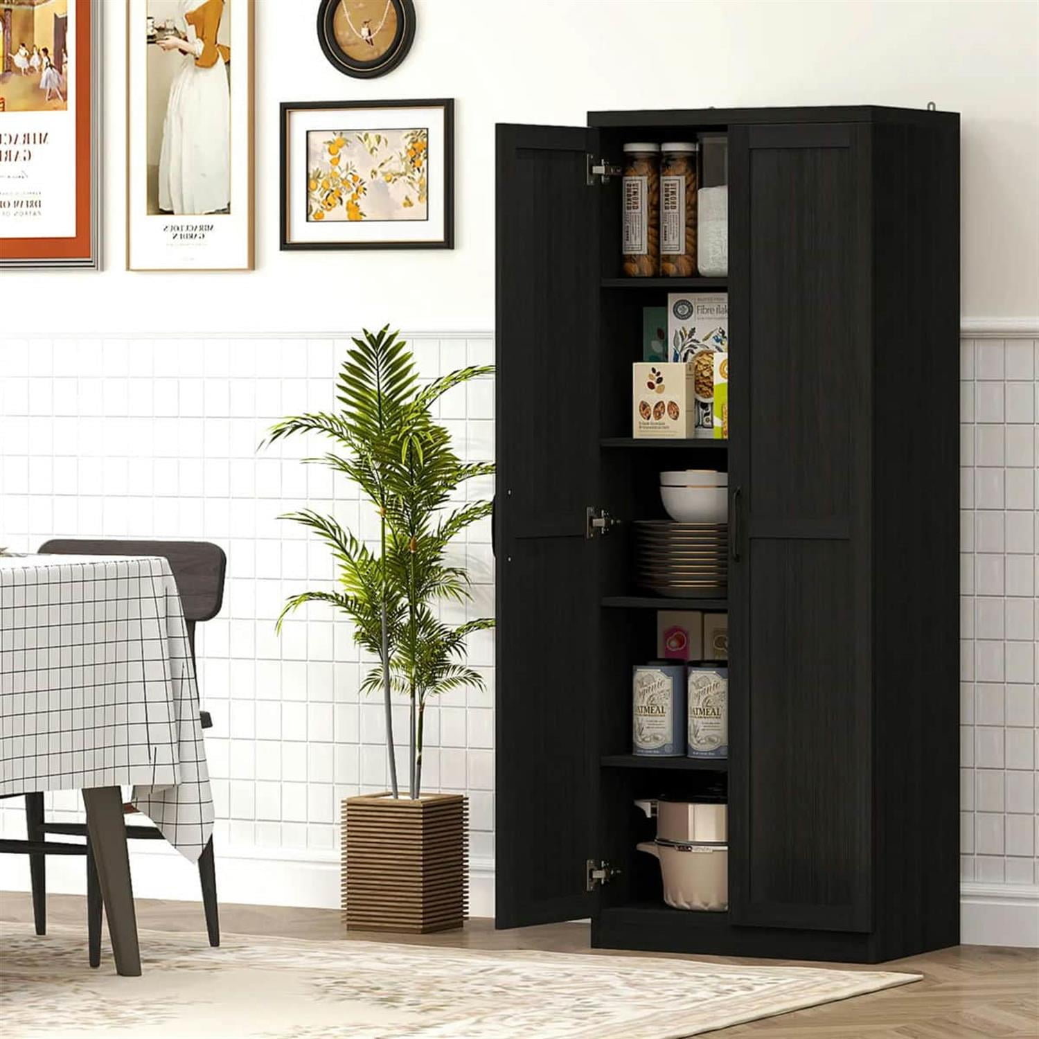 Demi Bonn 62" Large 2-Door Pantry Cabinet, Freestanding Storage Unit with 2 Adjustable Shelves for Dining Room, Spacious Kitchen Organization, Black