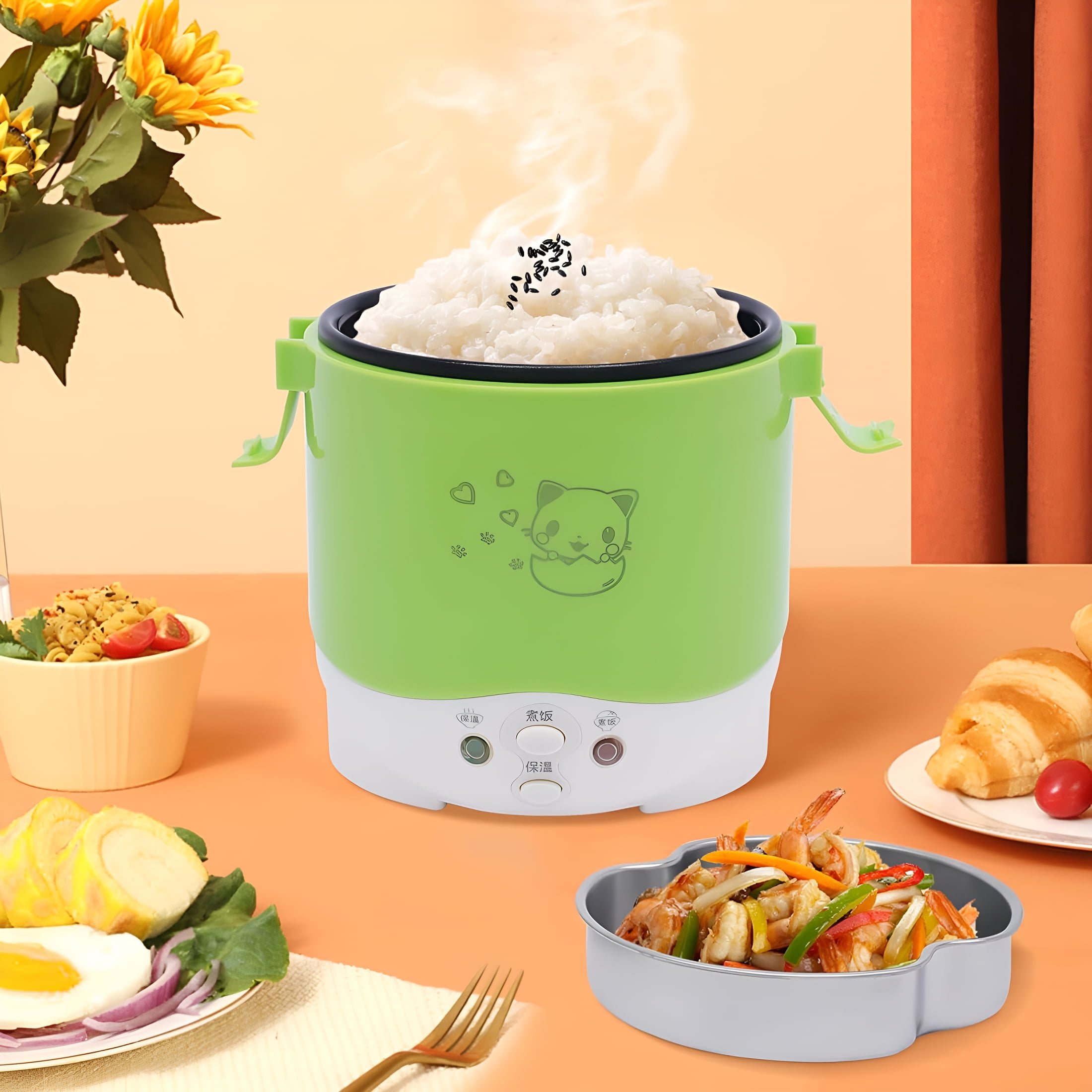 HIBIBUD 12V Mini Rice Cooker Steamer 1 Cup,Portable Easy Operation Well Insulated 1-2h Non-stick Rice Maker Food Steamer with Handle and Spoon for Car Home (Green)