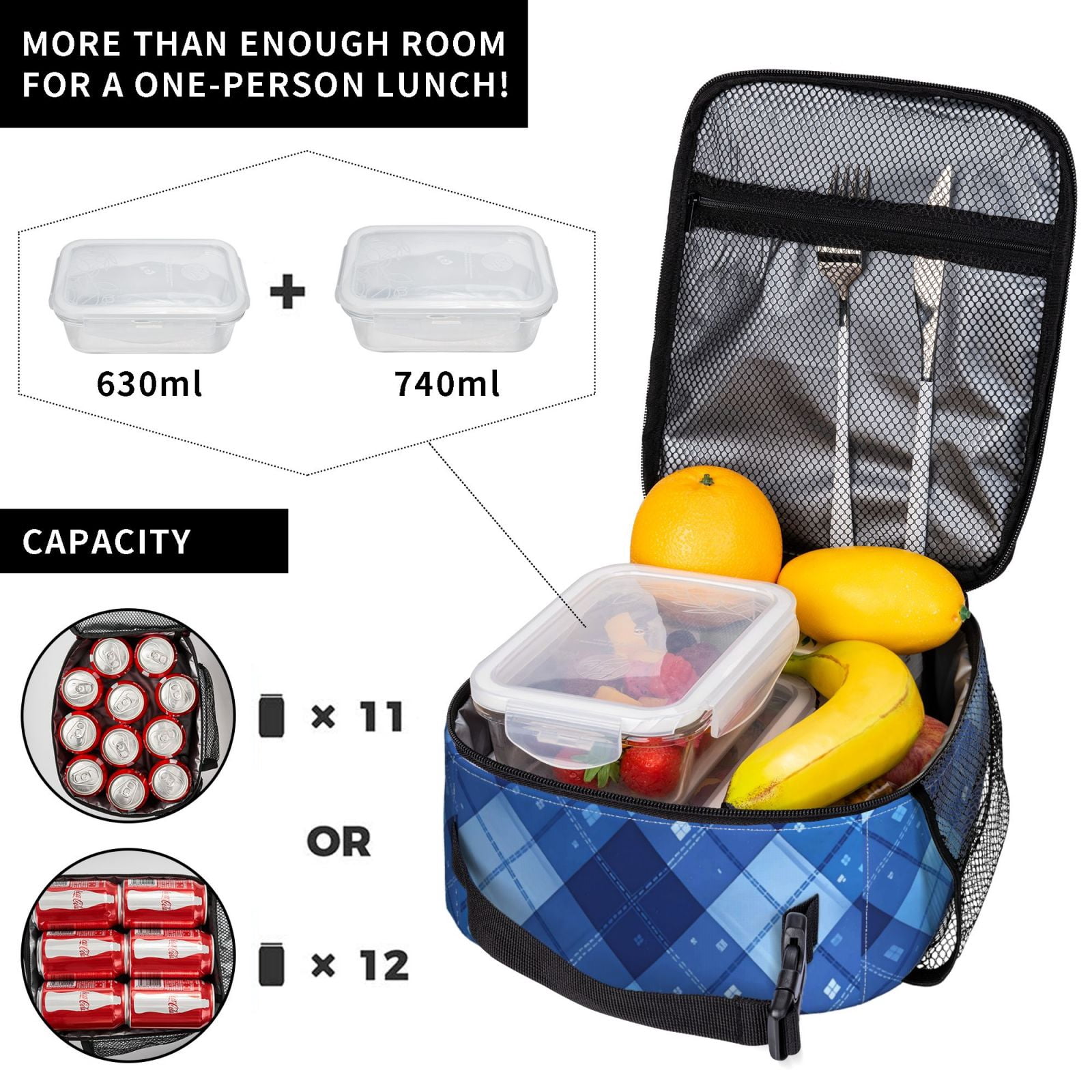Lunch Bag For Women Men Insulated Portable Lunch Box Bento Box Office Picnic Travel Cooler Bag Blueviolet Moroccan Buffalo Plaid Tartan Check Hand-Drawn Sketch_2