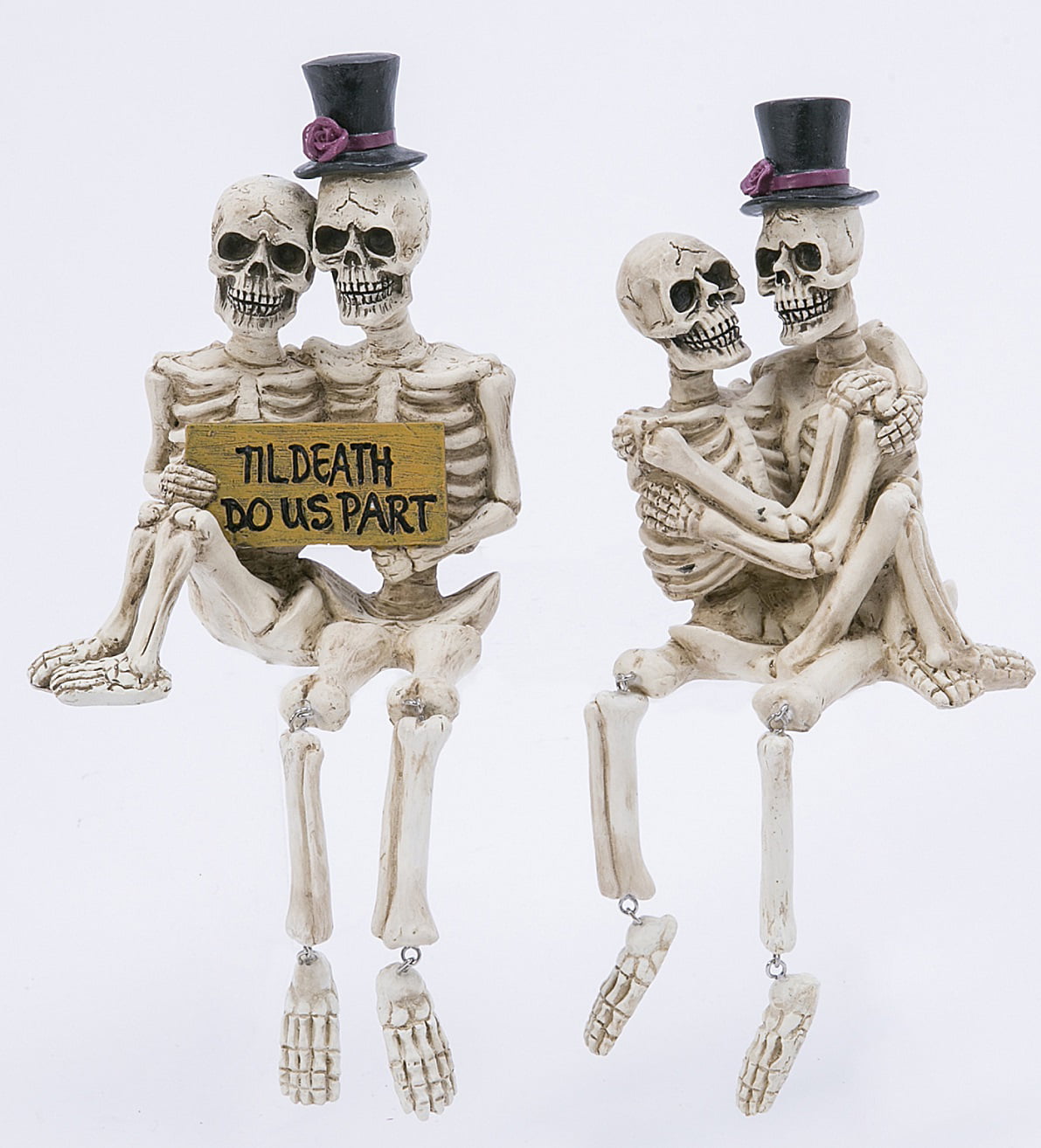 Mr & Mrs Ghost Skeleton Couple Black & White Sitting Dolls 15 1/2"T Halloween
