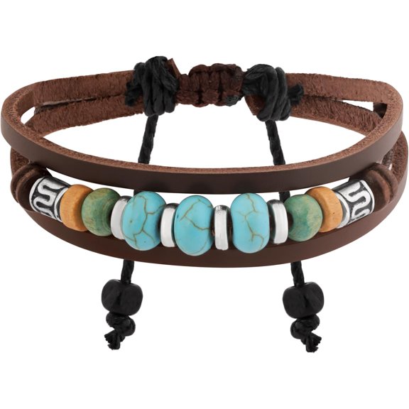 Bohemian Retro Style Beaded Bracelet, Multi Layer, Created Turquoise Beads, Faux Leather Chain, Women's Jewelry Gift