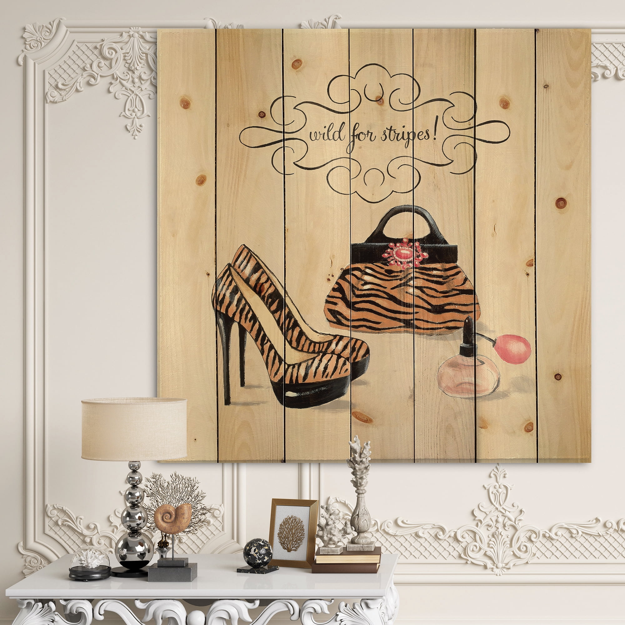 Designart 'Glam and Fashion handbags I' Fashion Print on Natural Pine Wood