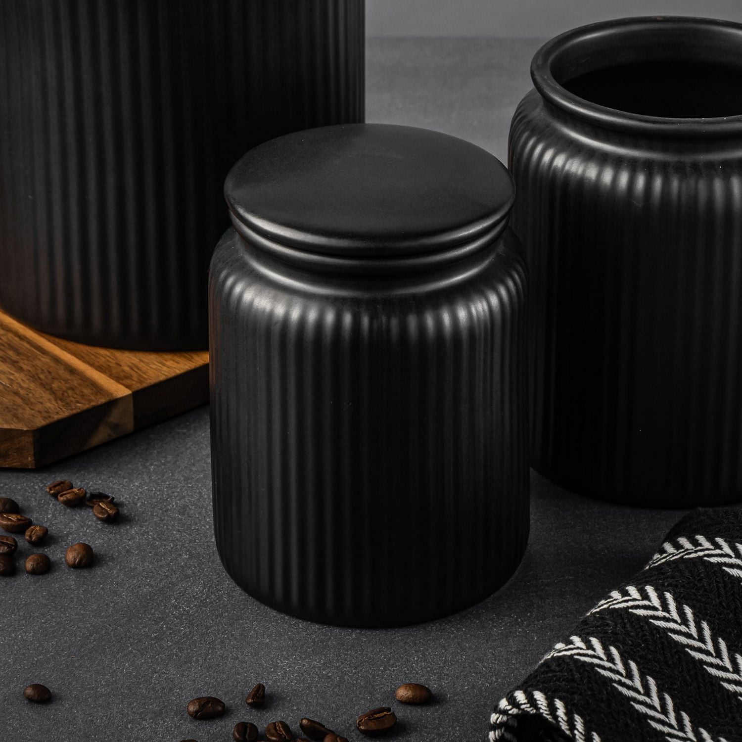 Thyme & Table, Small Ceramic Ribbed Kitchen Organization Jar, Black, Canister