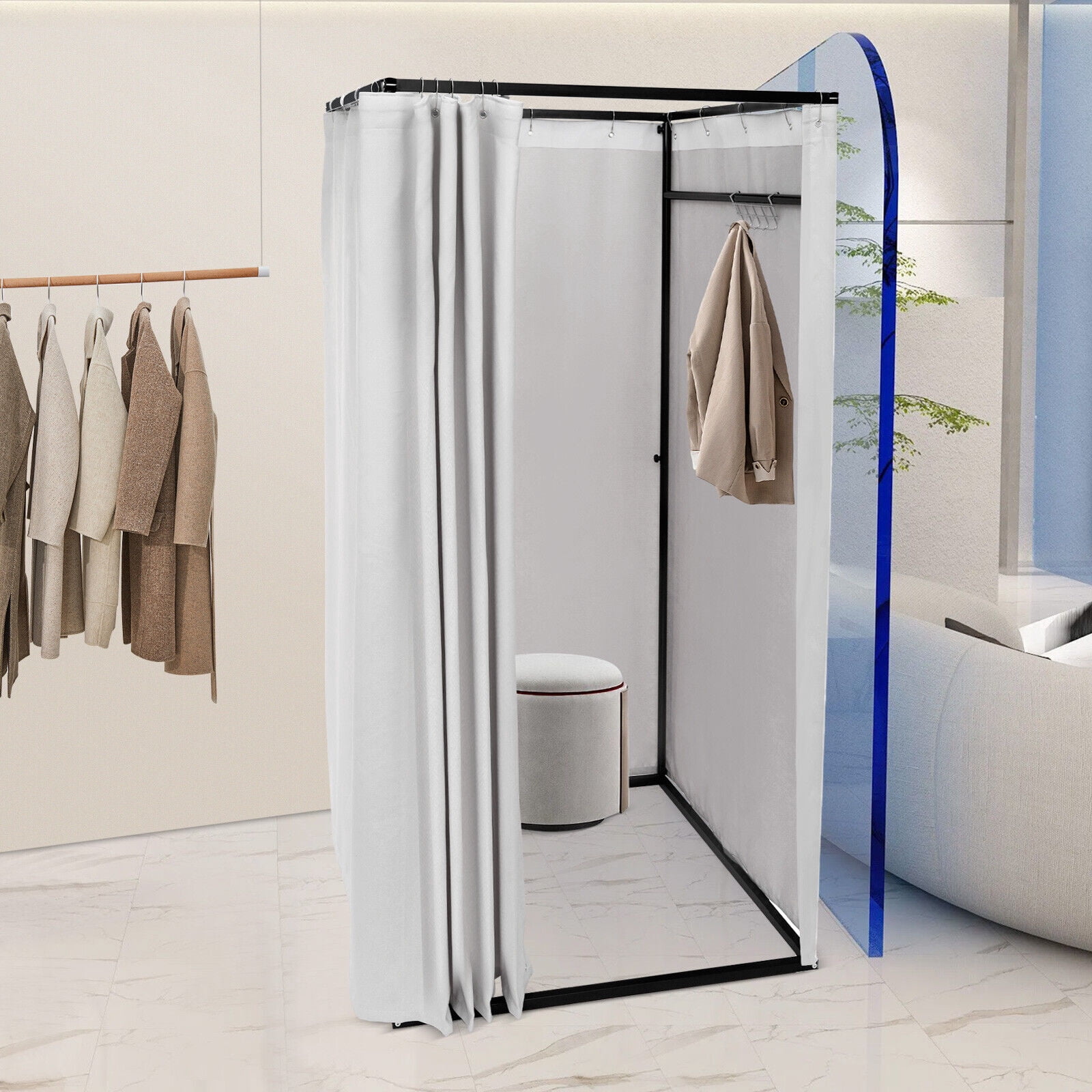 Portable Freestanding Fitting Room, Detachable Linen Curtain, 3-4 Person Capacity, for Clothing Store Fitting Room & Outdoor Locker Room (Grey)
