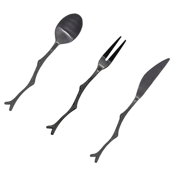 Raindrops 3pcs Stainless Steel Utensils Set Black Vintage for Travel and Picnic Use